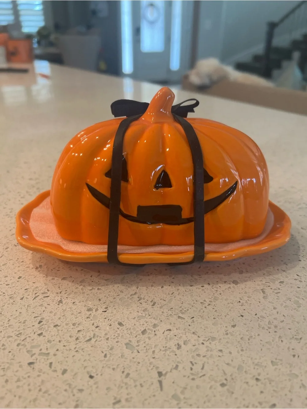 Orange Pumpkin Butter Dish with Black Trim - Seasonal Ceramic Food Storage